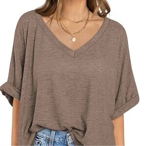 Relaxed V-Neck Dolman Sleeve Tunic Top - Taupe